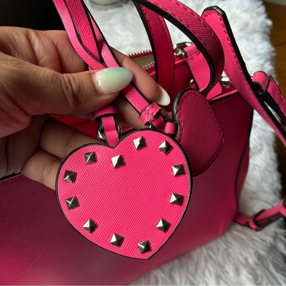 GUESS Pink Saffiano Leather Satchel with Heart Charm - Picture 11 of 14